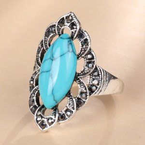 Turquoise with black crystals silver plated ring